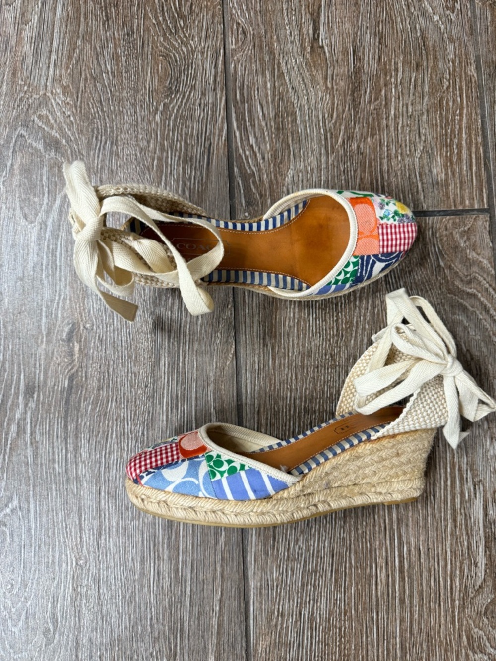 Vintage Coach Kerrie Patchwork Espadrille Wedge Sandals - size 7 - Picture 3 of 6